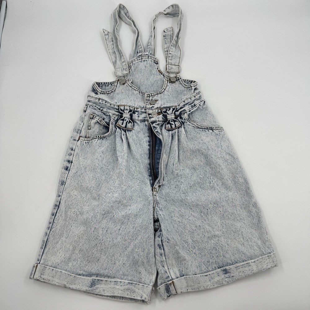 Jordache Denim Overalls Womens 9/10 Blue Acid Wash Pleated Bow Vintage Shortalls